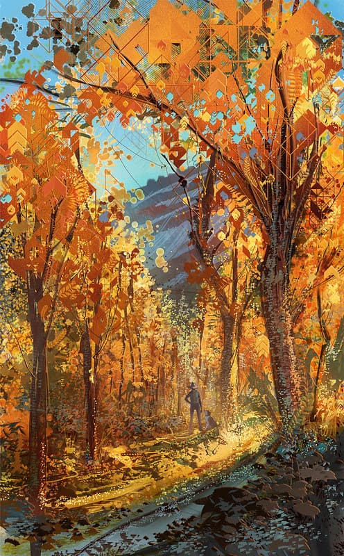 android jones, an autumn forest path in orange and gold geometric leaves, a figure and a dog under the trees