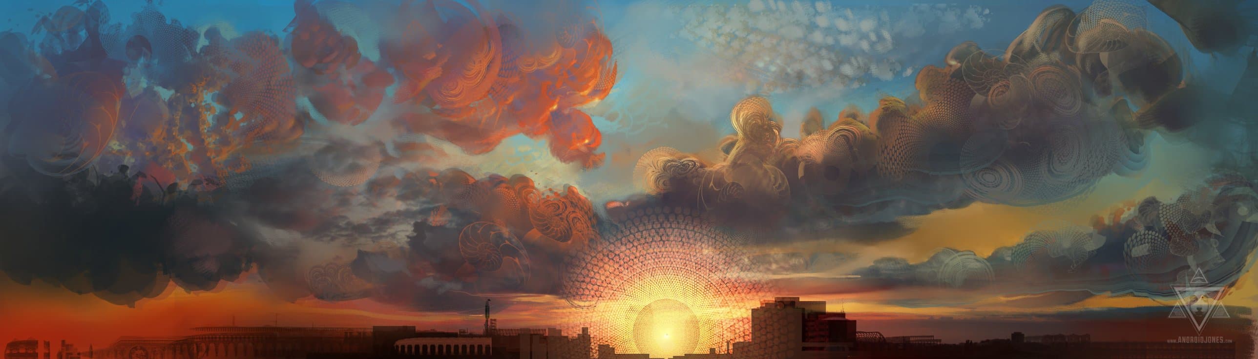 android jones, fractal clouds in rust and slate over a city skyline, the sun rising through a lattice of light