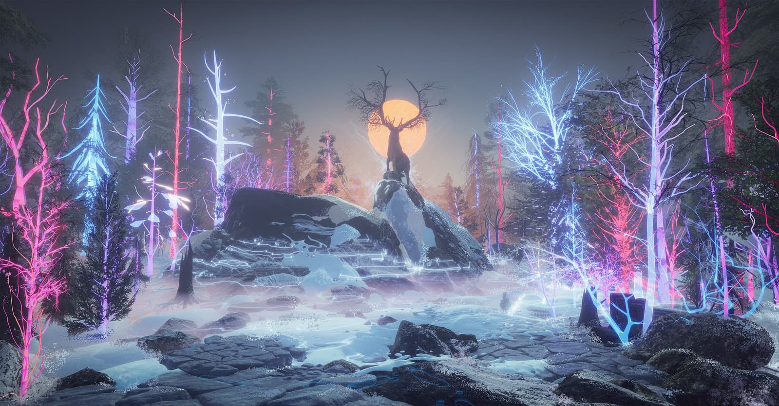android jones, a stag with branching antlers on a snowy rock against a full moon, neon-lit trees behind