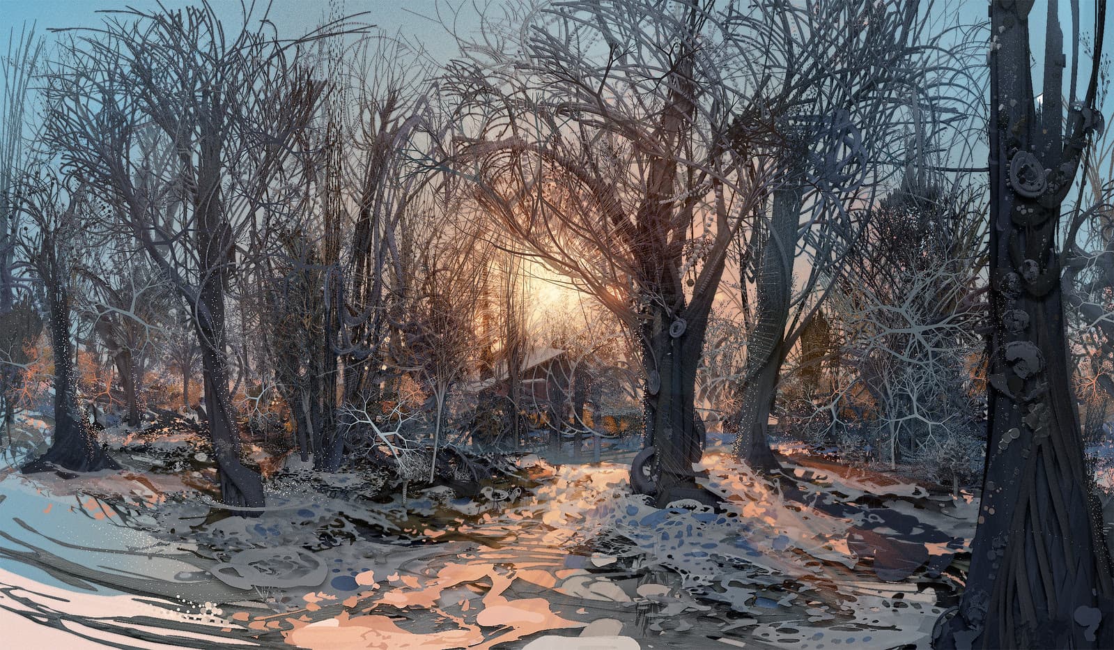 android jones, a winter forest at sunset in rose and blue snow, a cabin glowing through the trees